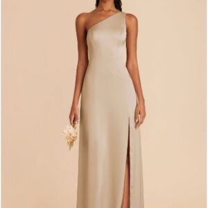 Birdy Grey One-Shoulder Champagne Satin Gown with Side Slit (altered PETITE)